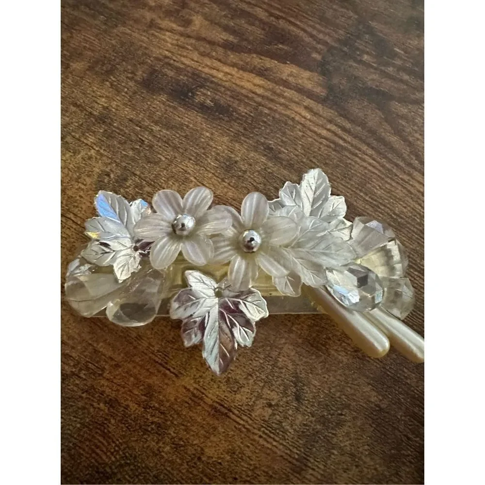 Vintage Silver Tone and Faux Pearl Hair Clip Barrettes Lot Retro Wedding Floral
